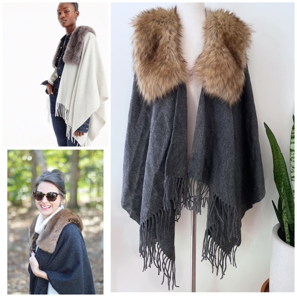 NWT J Crew Wool Charcoal Gray Faux Fur Trim Poncho Capes Sweater One Size